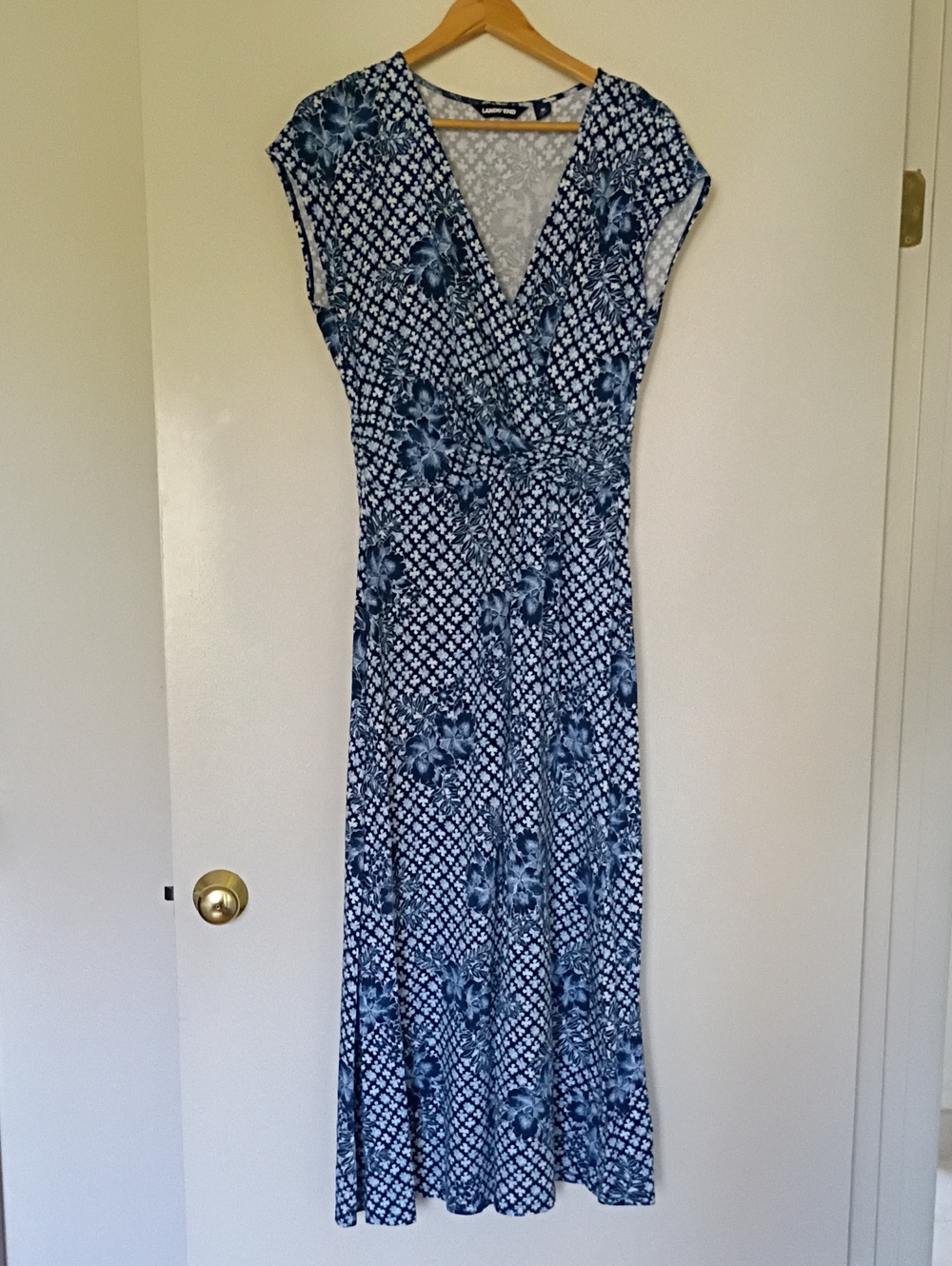 Lands' End Blue Floral Wrap-Style Maxi Dress